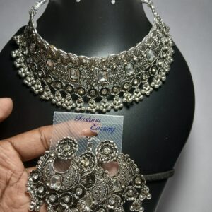 Cubic Zirconia/Transparent American Diamond OXIDISED JEWELLERY SET FOR WOMEN