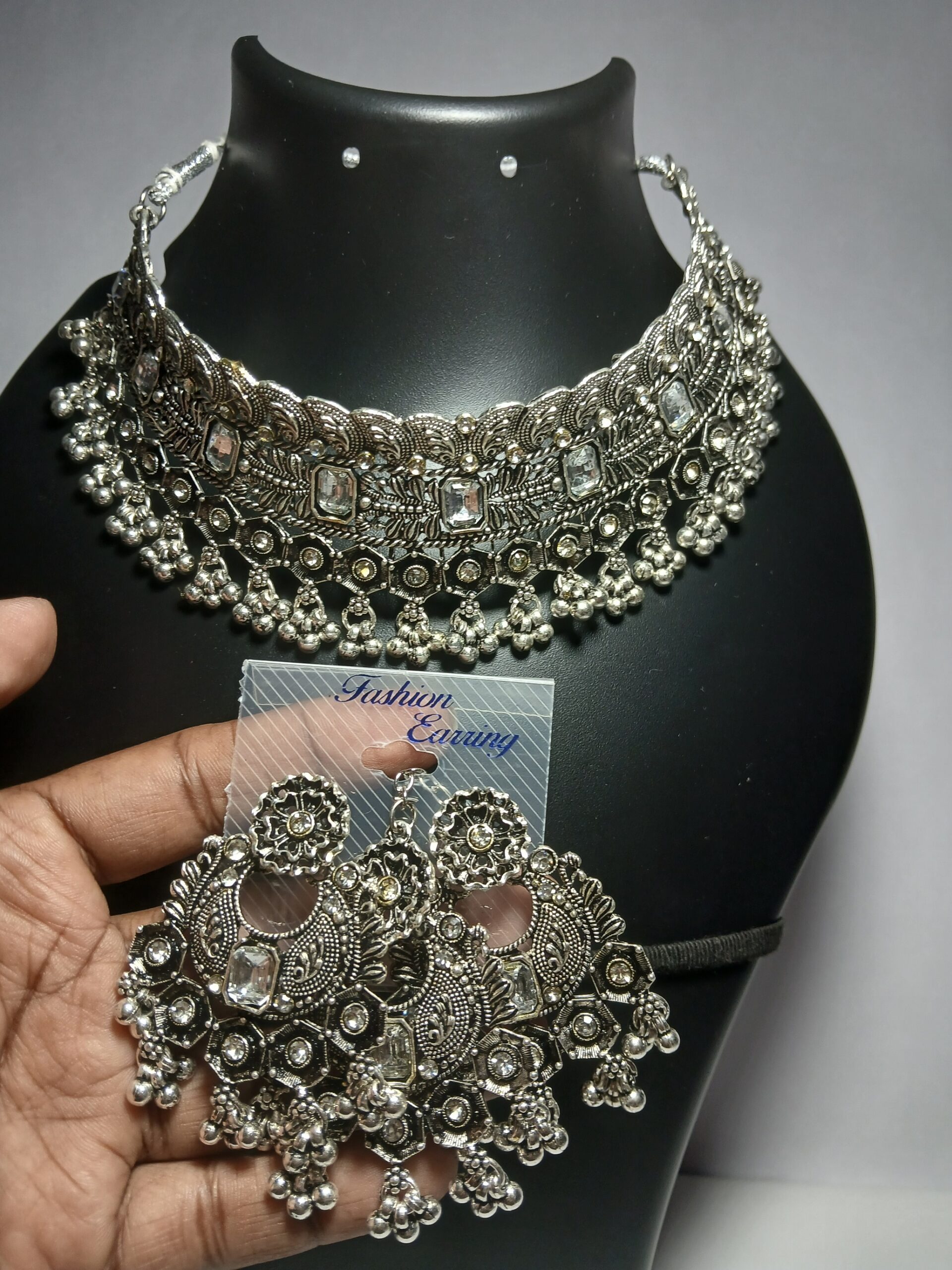 Cubic Zirconia/Transparent American Diamond OXIDISED JEWELLERY SET FOR WOMEN