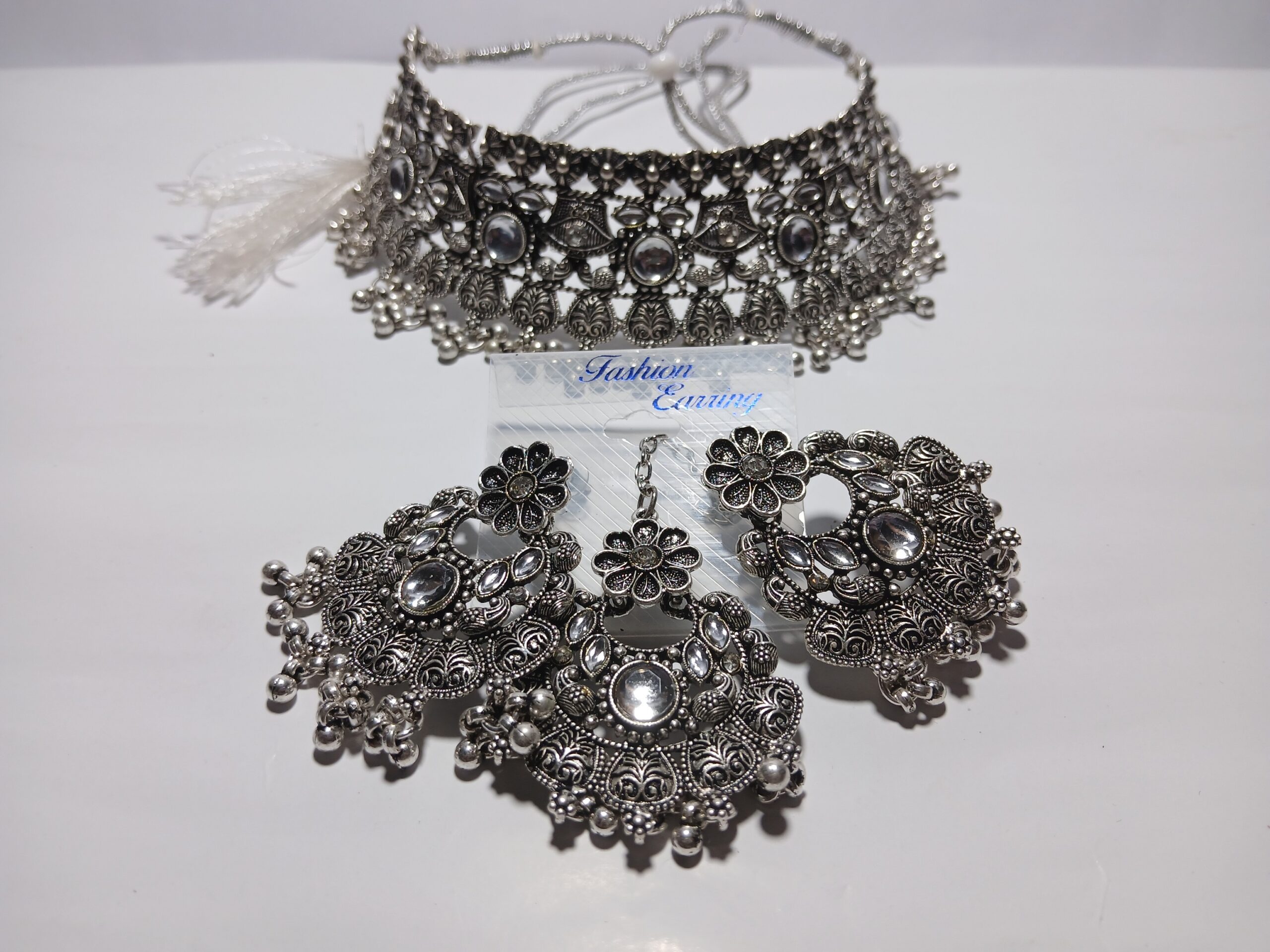 Cubic Zirconia/Transparent American Diamond OXIDISED JEWELLERY SET FOR WOMEN - Image 3