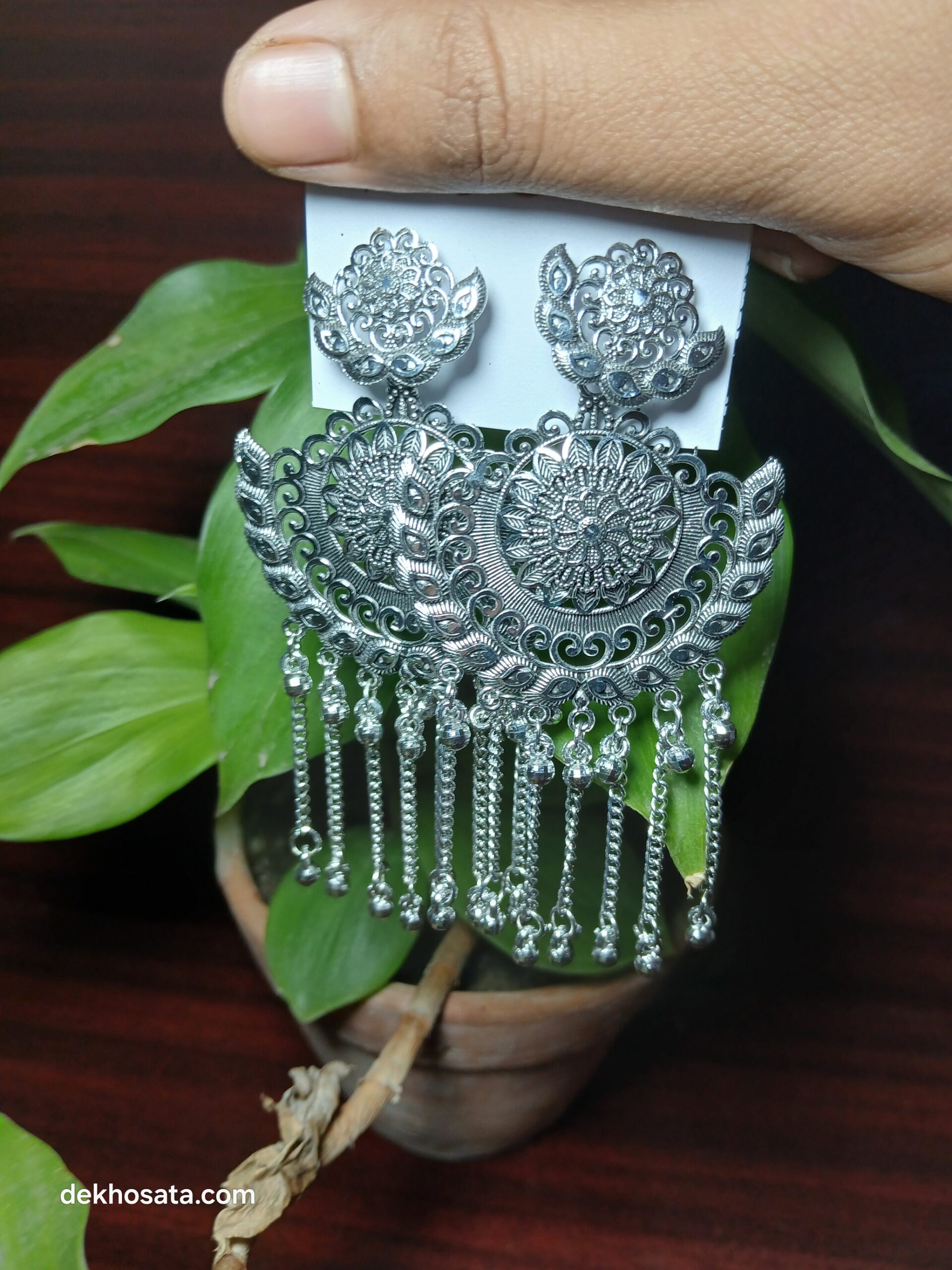 Oxidized Chandbali Jhumka Long Ear Ring - Image 2